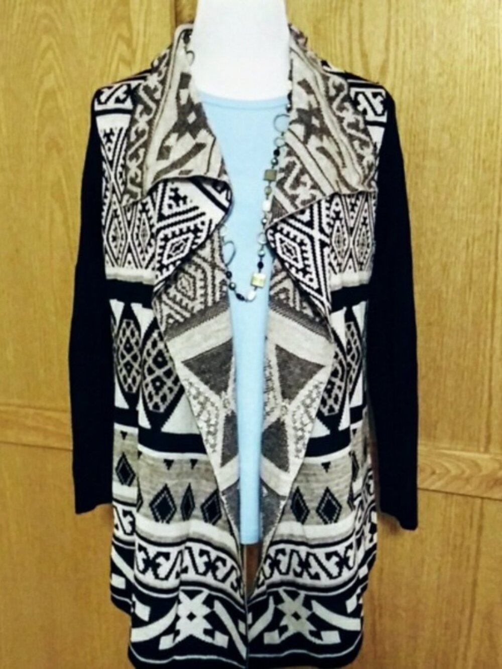 Lucky Brand Drape Front Jacquard Long Cardigan 1X Black Beige Cotton BOHO